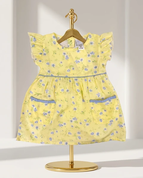 Girls' Cute Floral Print Ruffle Dress - Light Yellow