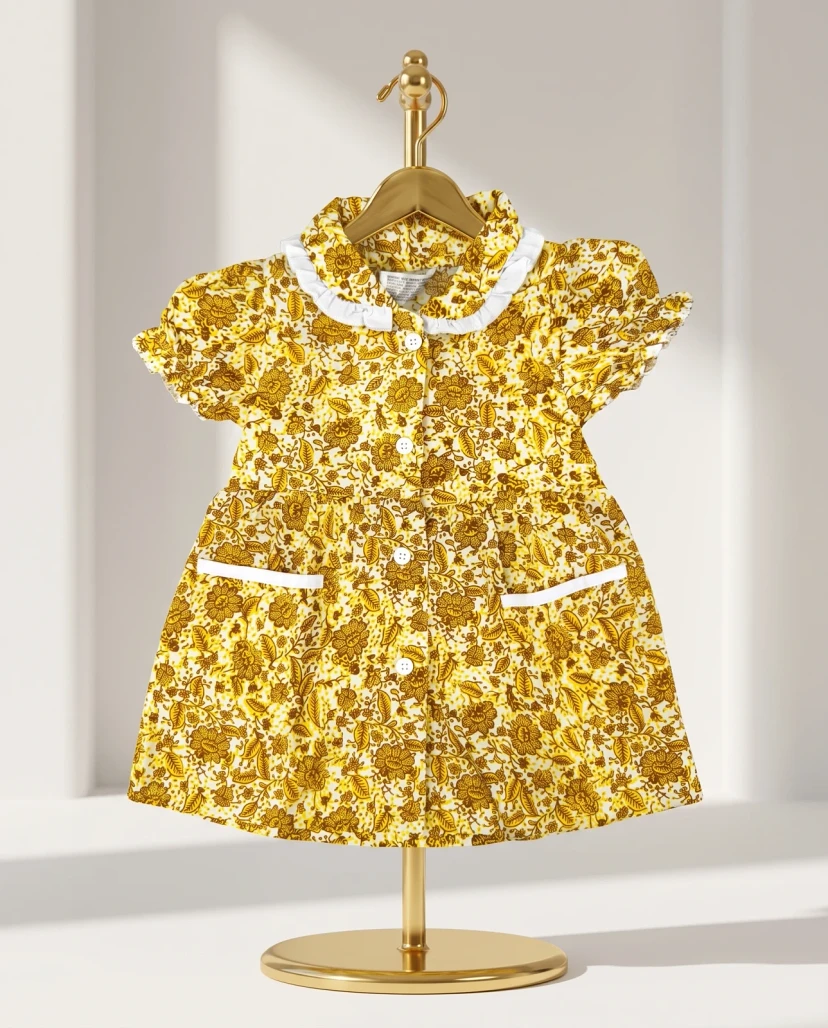Girls' Cute Floral Button-Down Dress - Mustard Yellow