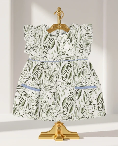 Girls' Cute Leaf Print Ruffle Dress - White & Green