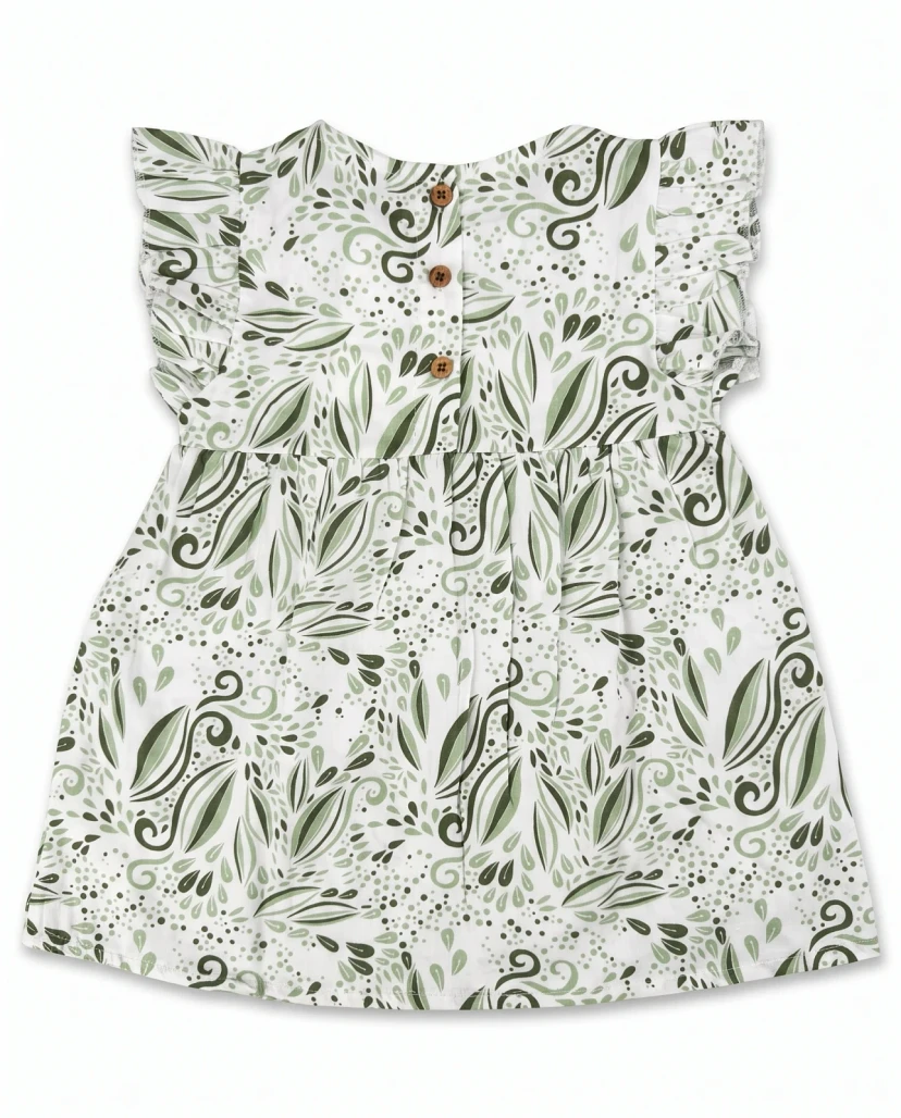 Girls' Cute Leaf Print Ruffle Dress - White & Green