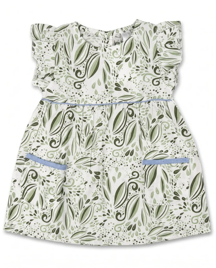 Girls' Cute Leaf Print Ruffle Dress - White & Green