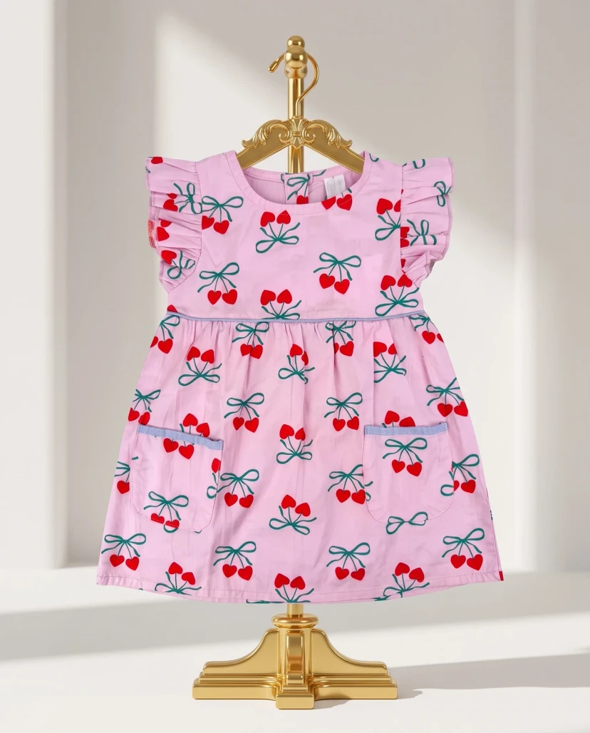 Girls' Cute Cherry Print Ruffle Dress Pink