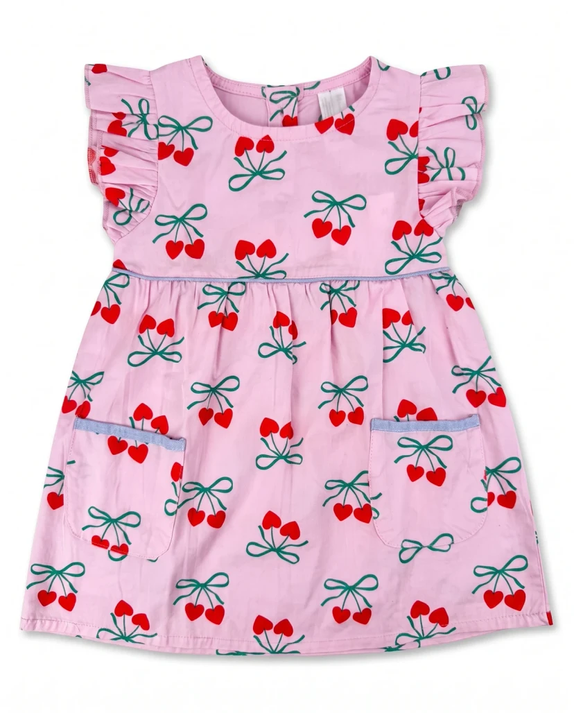 Girls' Cute Cherry Print Ruffle Dress Pink