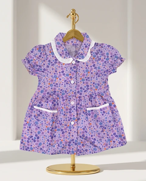 Girls' Cute Floral Button-Down Dress - Lavender / Light Purple