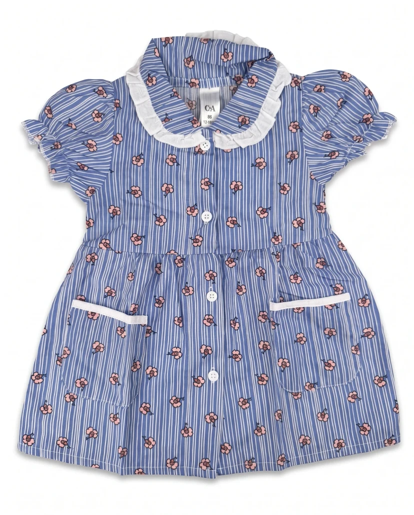 Girls' Cute Striped Floral Button-Down Dress - Blue & Pink