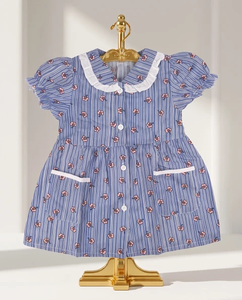 Girls' Cute Striped Floral Button-Down Dress - Blue & Pink