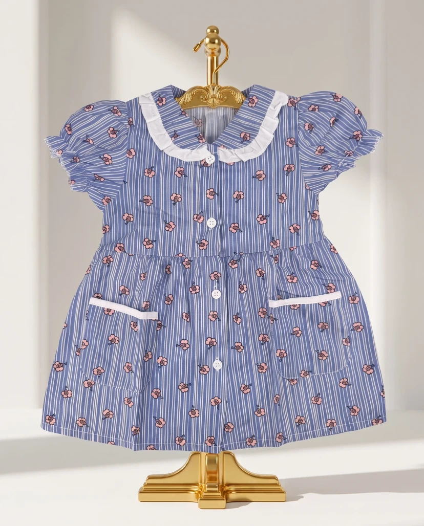 Girls' Cute Striped Floral Button-Down Dress - Blue & Pink