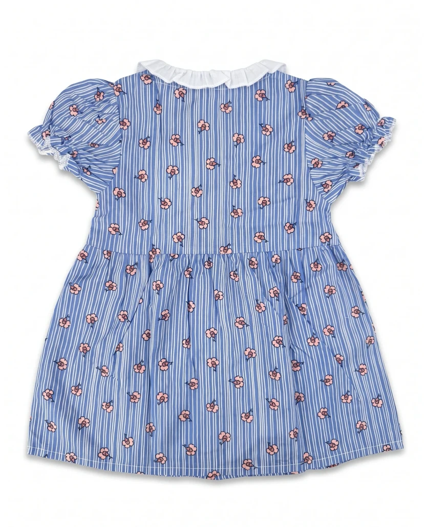 Girls' Cute Striped Floral Button-Down Dress - Blue & Pink