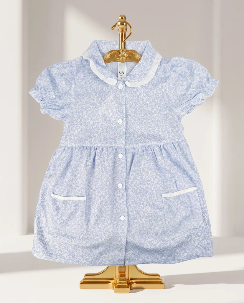 Girls' Cute Botanical Print Button-Down Dress - Light Blue