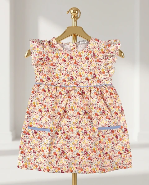 Girls' Cute Ditsy Floral Ruffle Dress Red & Orange