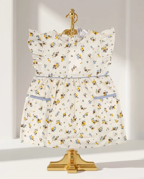 Girls' Cute Ditsy Floral Ruffle Dress - Cream & Yellow