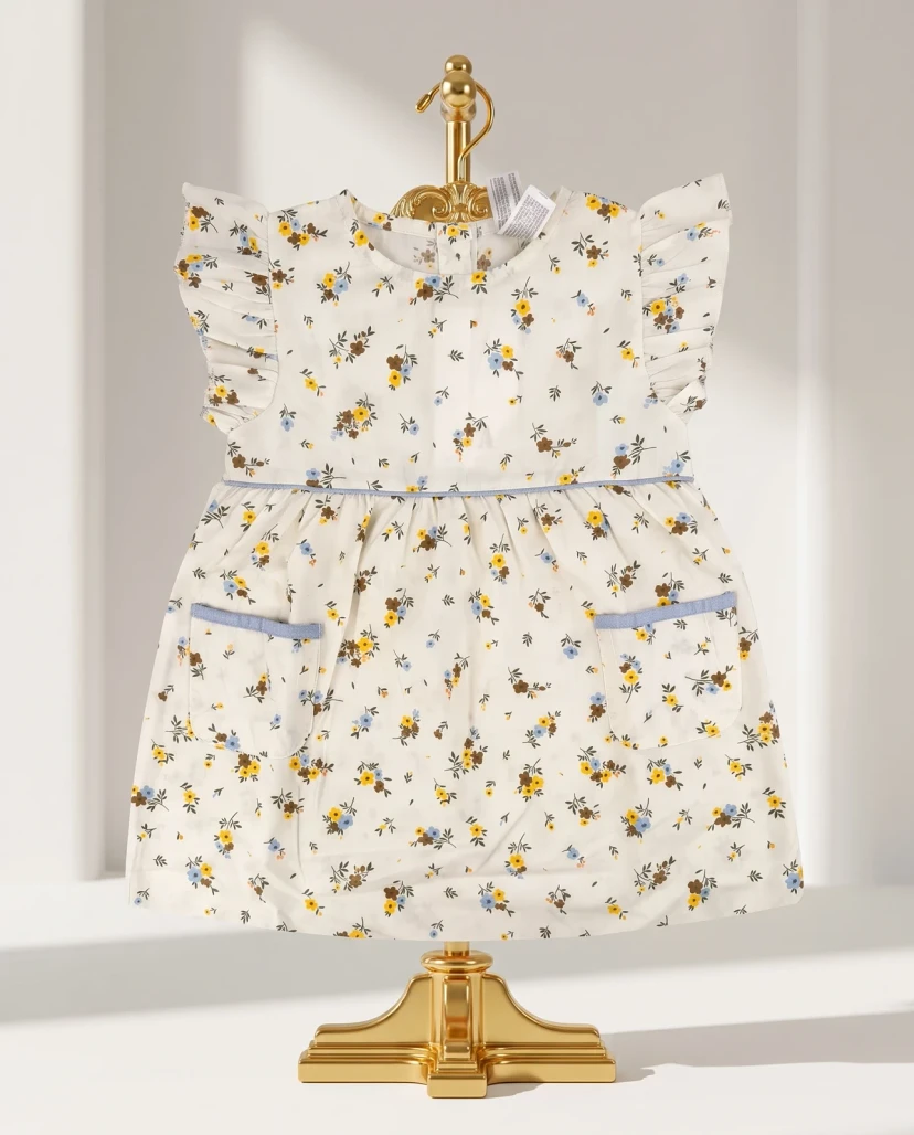 Girls' Cute Ditsy Floral Ruffle Dress - Cream & Yellow