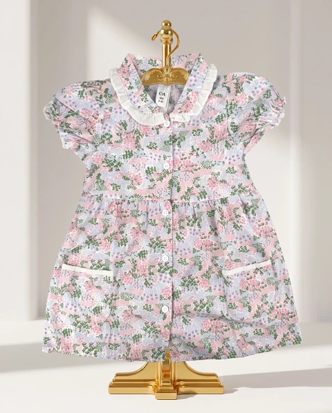 Girls' Cute Floral Button-Down Dress - Pastel Pink & Purple