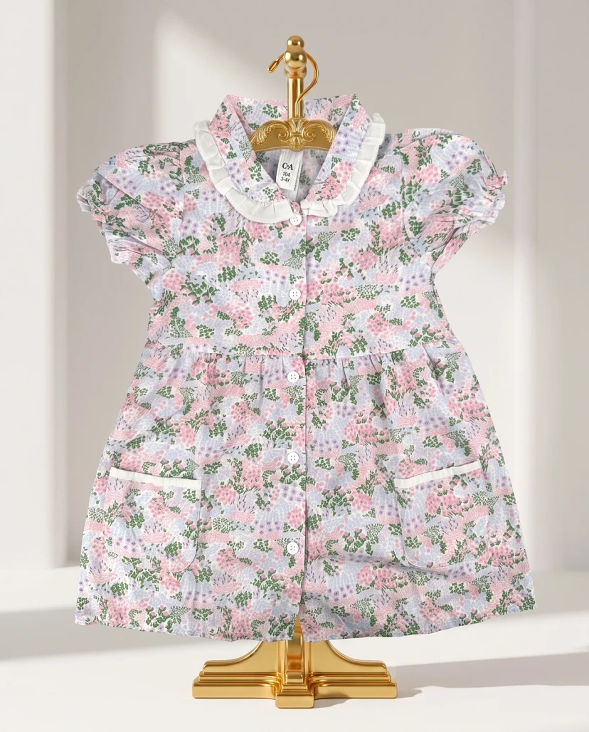 Girls' Cute Floral Button-Down Dress - Pastel Pink & Purple