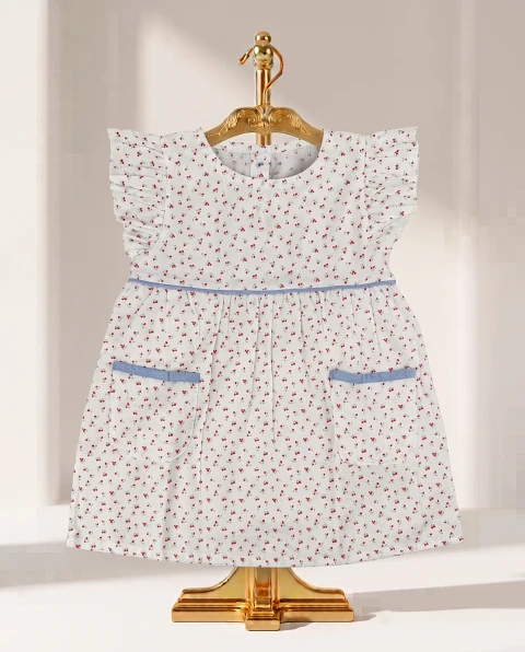Girls' Cute Ditsy Cherry Print Ruffle Dress - White