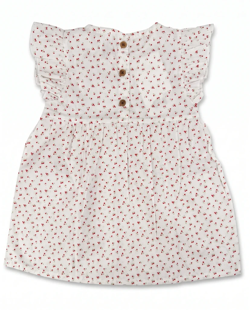 Girls' Cute Ditsy Cherry Print Ruffle Dress - White