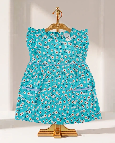 Girls' Cute Daisy Floral Ruffle Dress - Turquoise