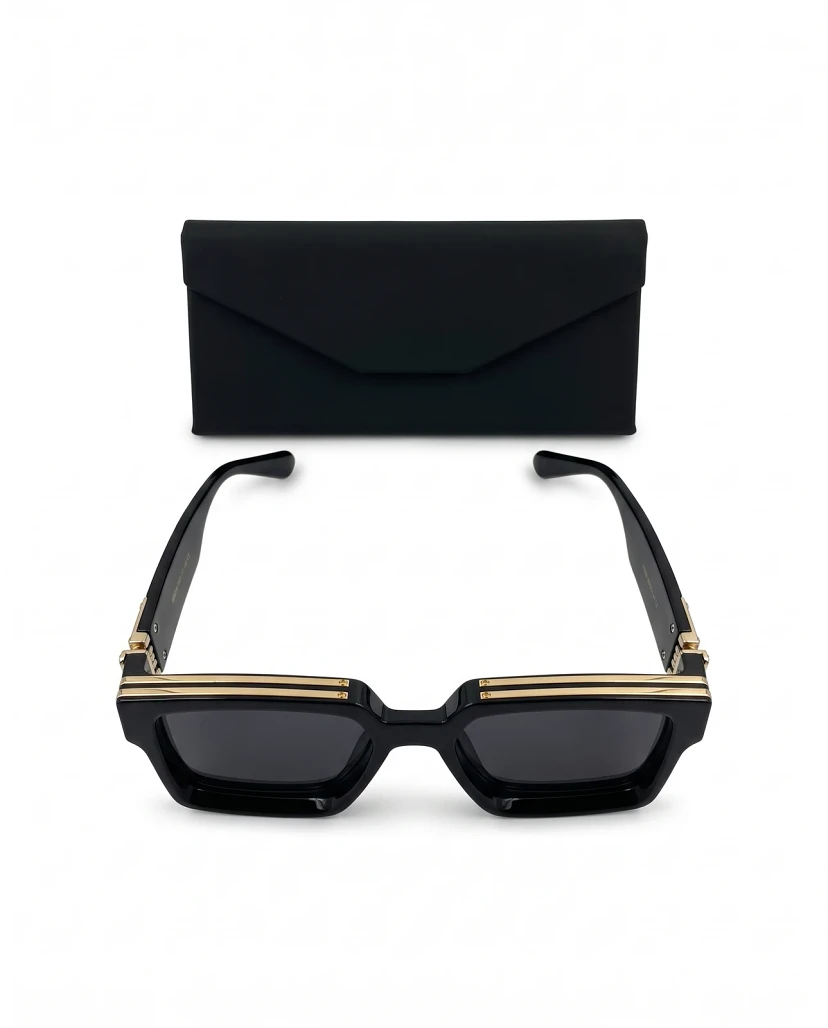Premium Flat-Top Square Sunglasses with Gold Accents - Black