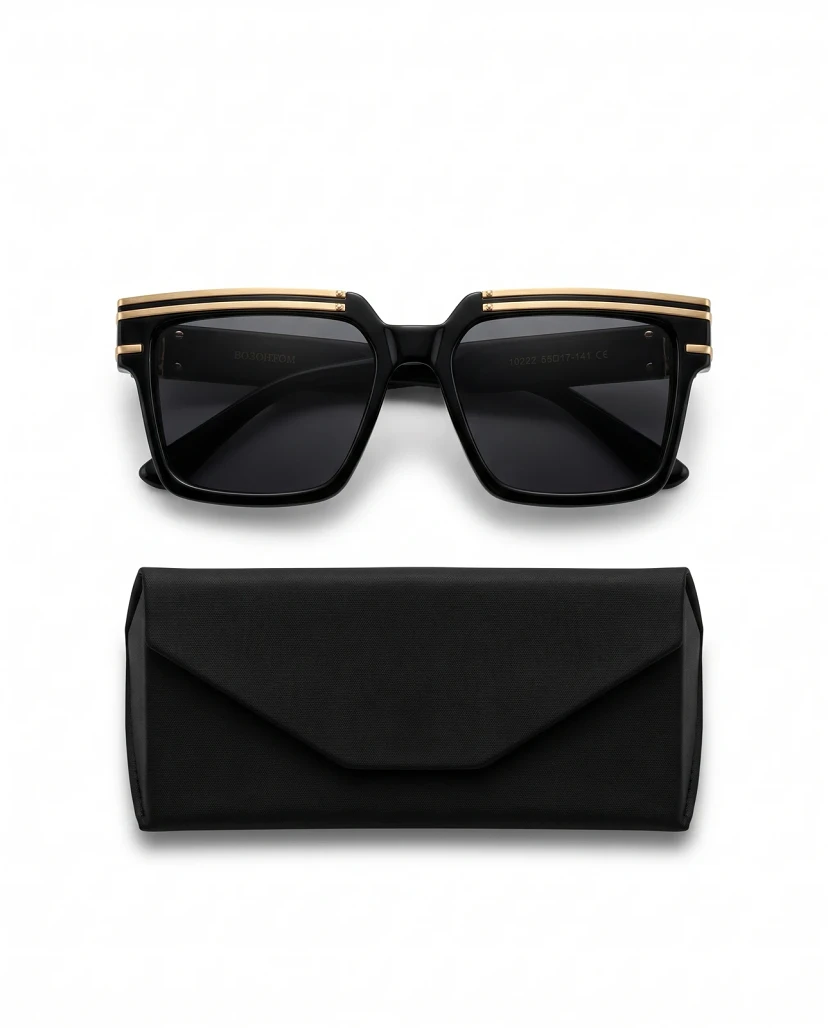 Premium Flat-Top Square Sunglasses with Gold Accents - Black